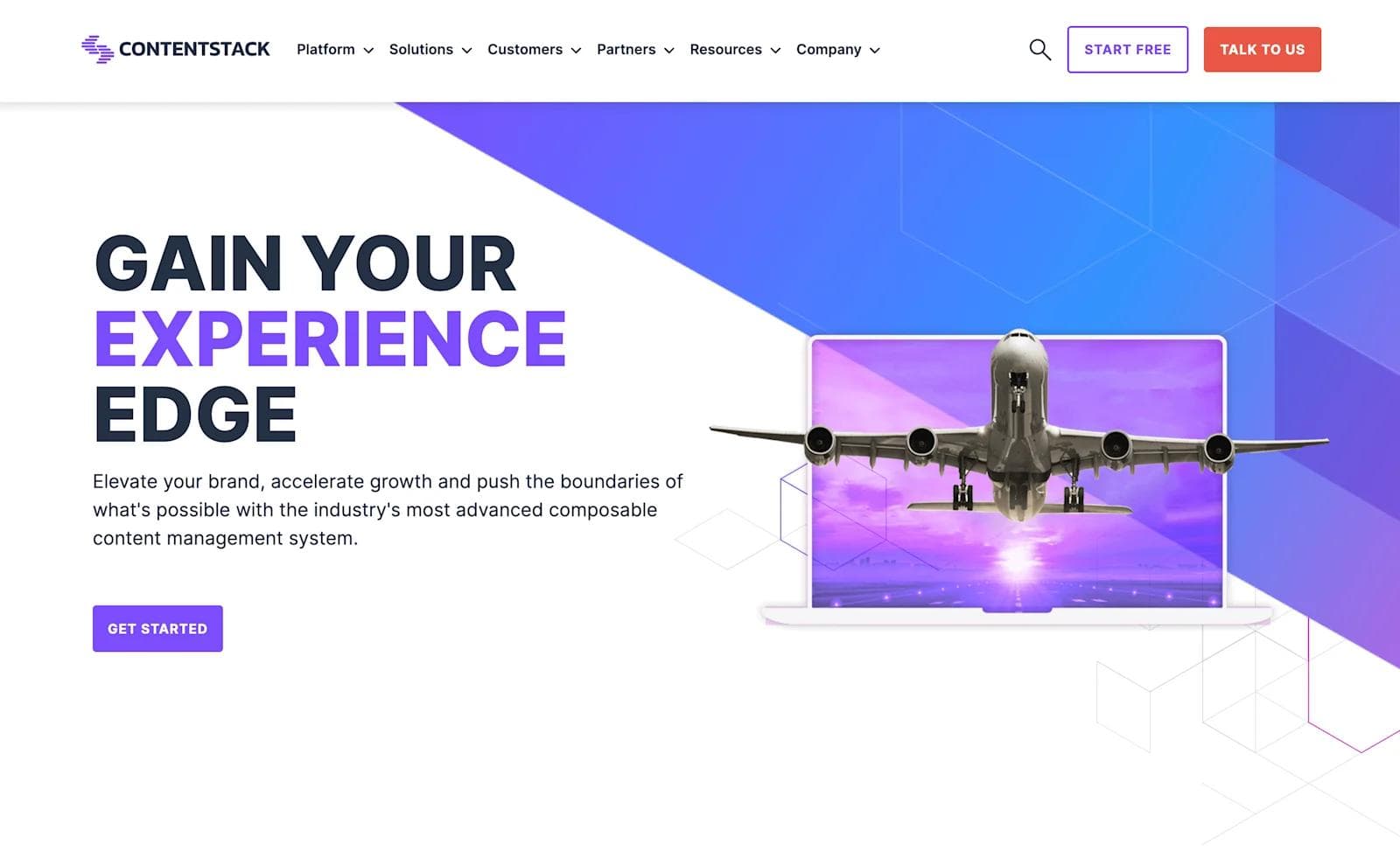 contentstack-website Landing page for Contentstack showcasing a laptop with an airplane image, promoting their content management system.