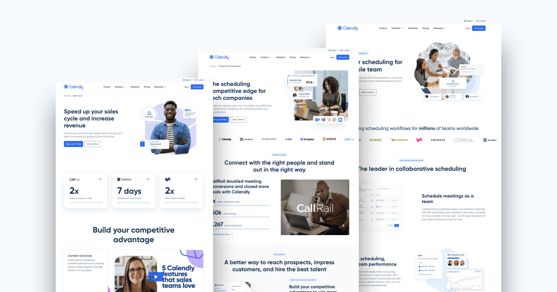 Screenshots of the Calendly website, showcasing features for sales and scheduling productivity.