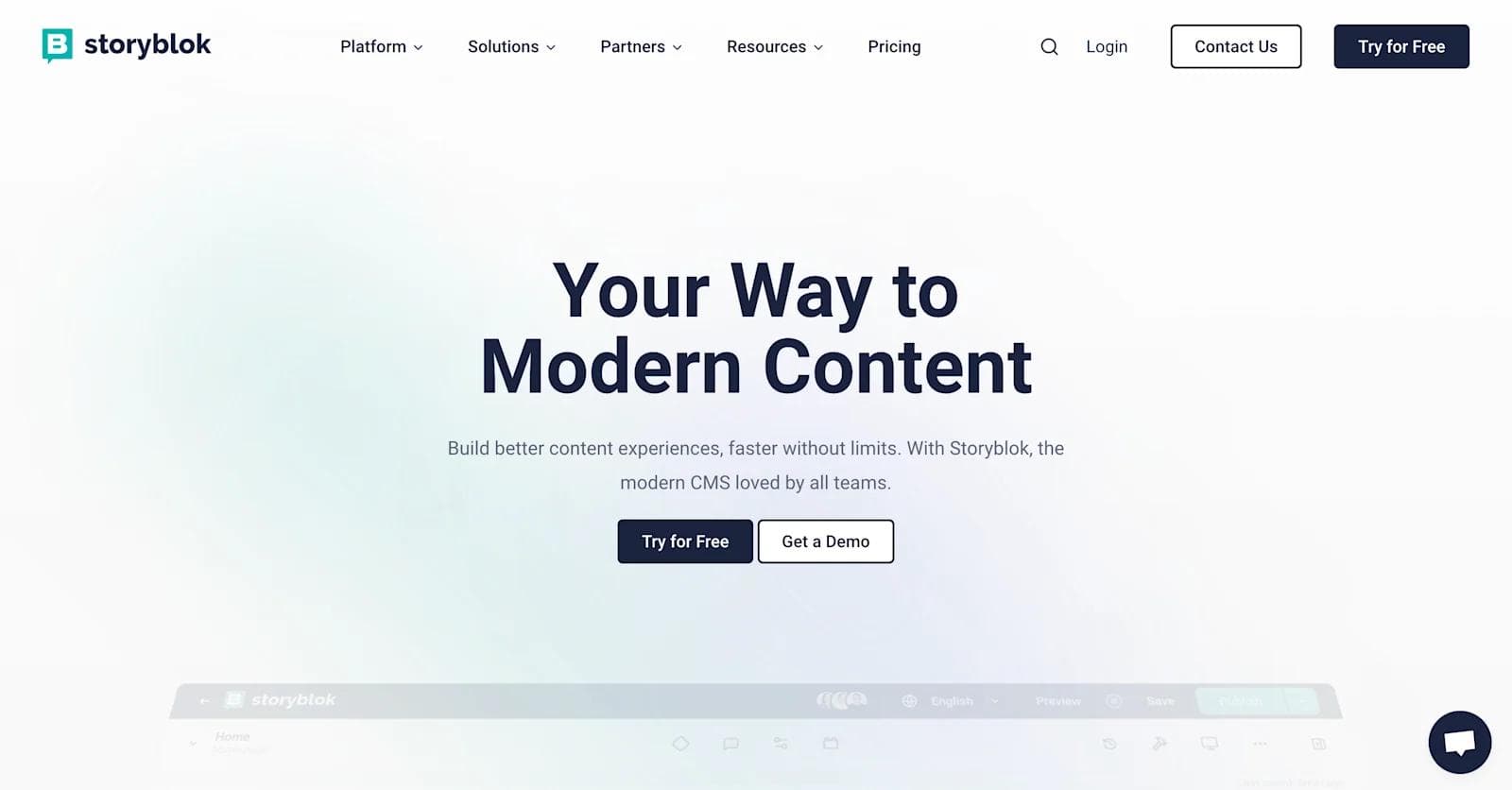 storyblok website Homepage of Storyblok featuring the tagline 'Your Way to Modern Content' and buttons for a demo and free trial.