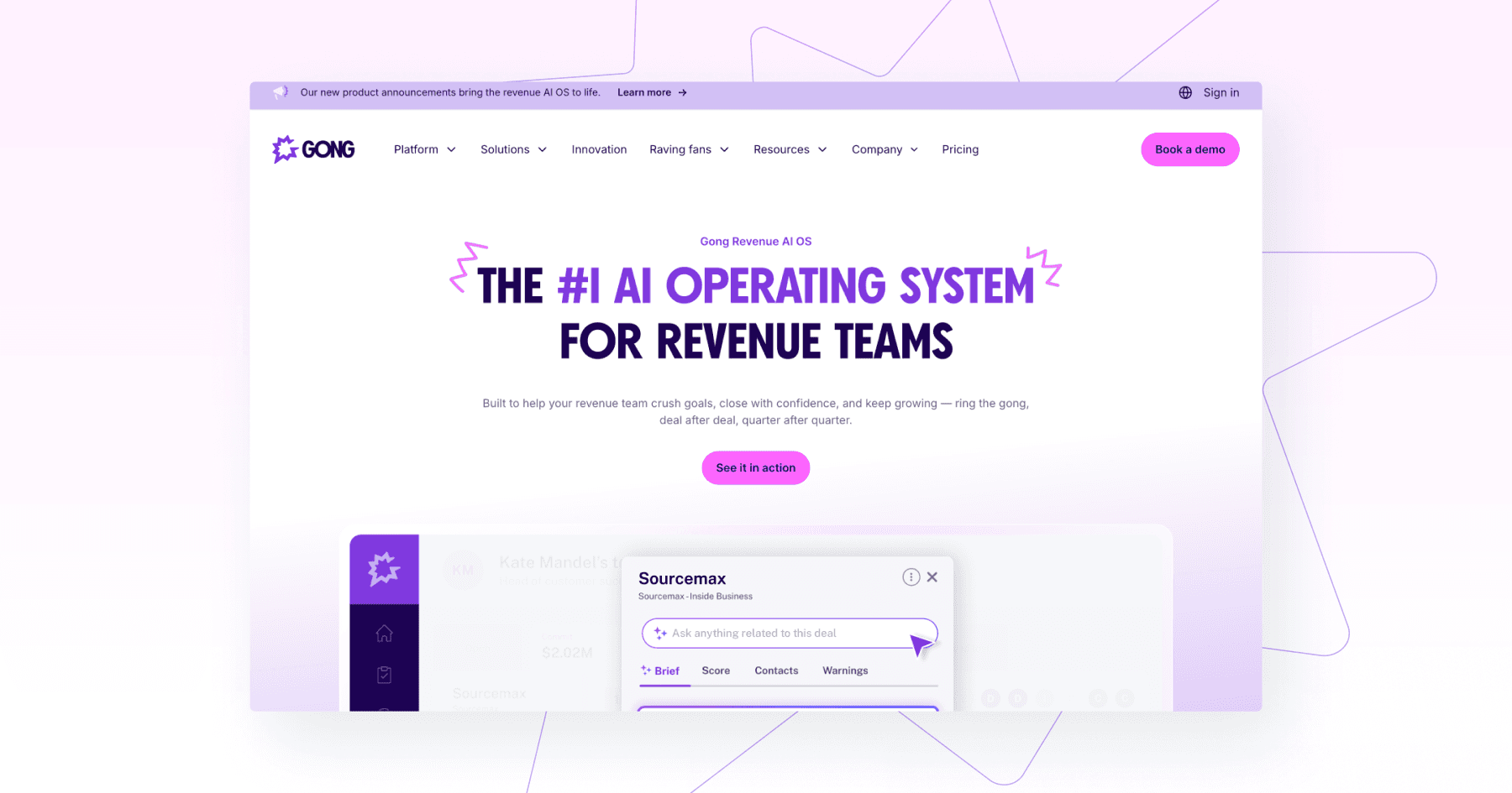 Screenshot of Gong's website promoting their AI operating system for revenue teams.