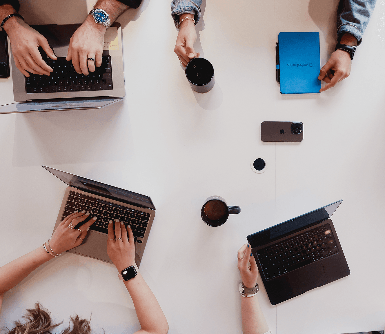Overhead photo of team members hands and laptops