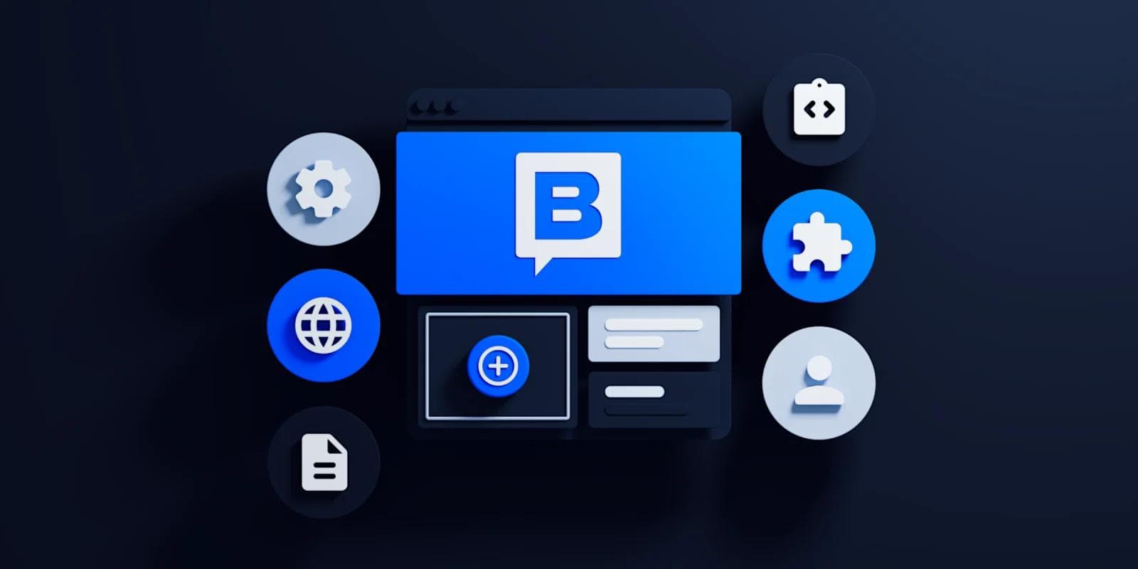 Abstract graphic with a blue interface and various icons representing tools and features on a dark background.