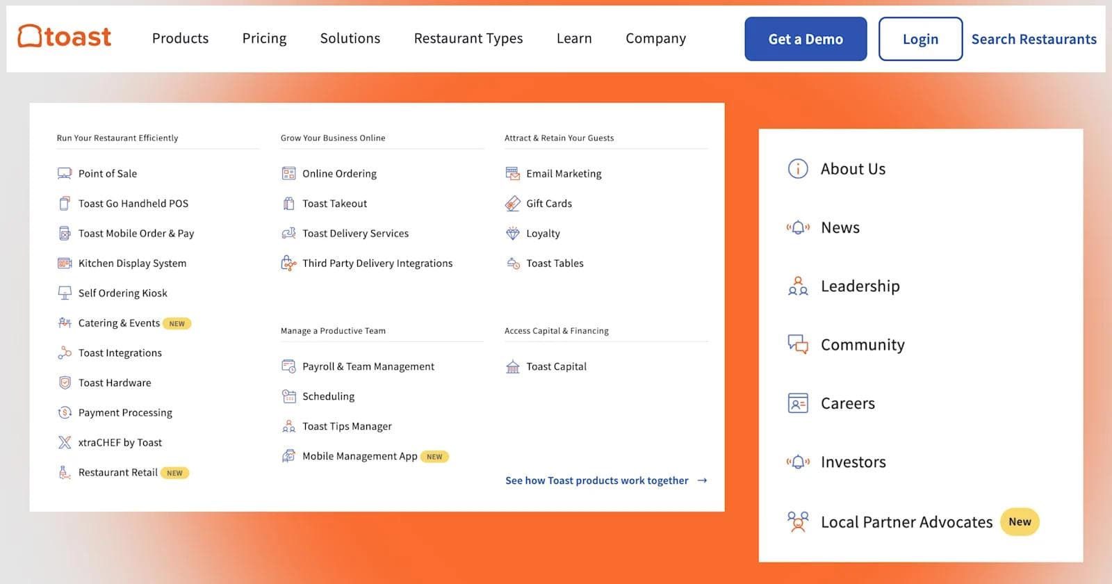 Toast - Mega Menu Toast software homepage featuring restaurant management tools, product categories, and navigation options.
