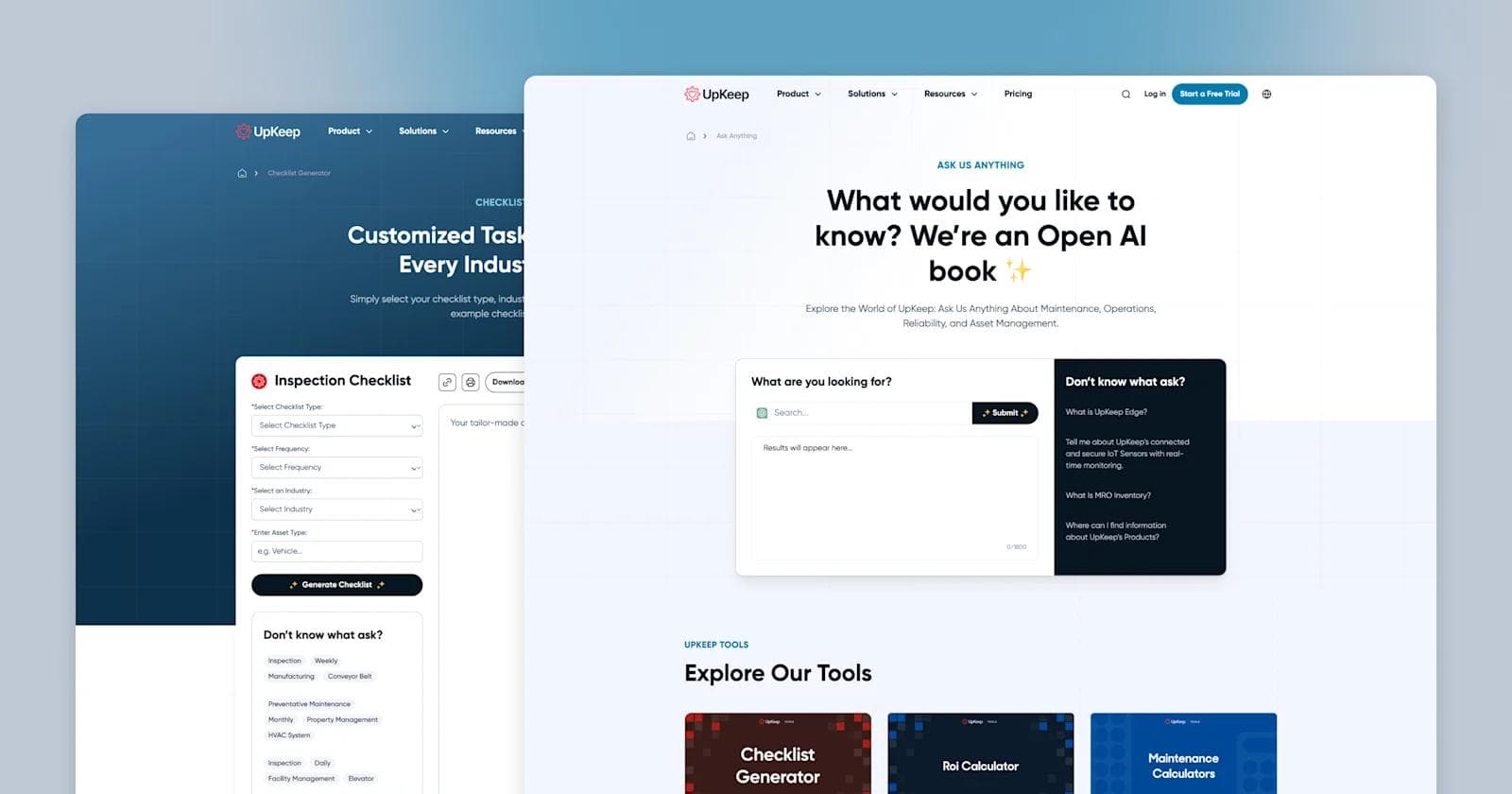UpKeep - AI Website tool page Screenshot of UpKeep's website featuring an inspection checklist generator and an AI query interface.