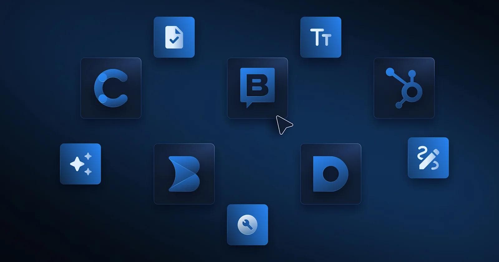 Best Enterprise CMS Platforms Grid of blue app icons on a dark background, featuring various symbols and a mouse pointer selecting one.