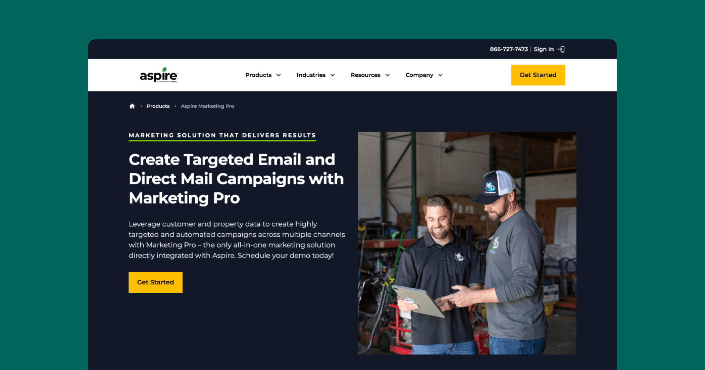 Aspire Marketing Pro webpage promoting targeted email and direct mail campaigns with customer engagement strategies.