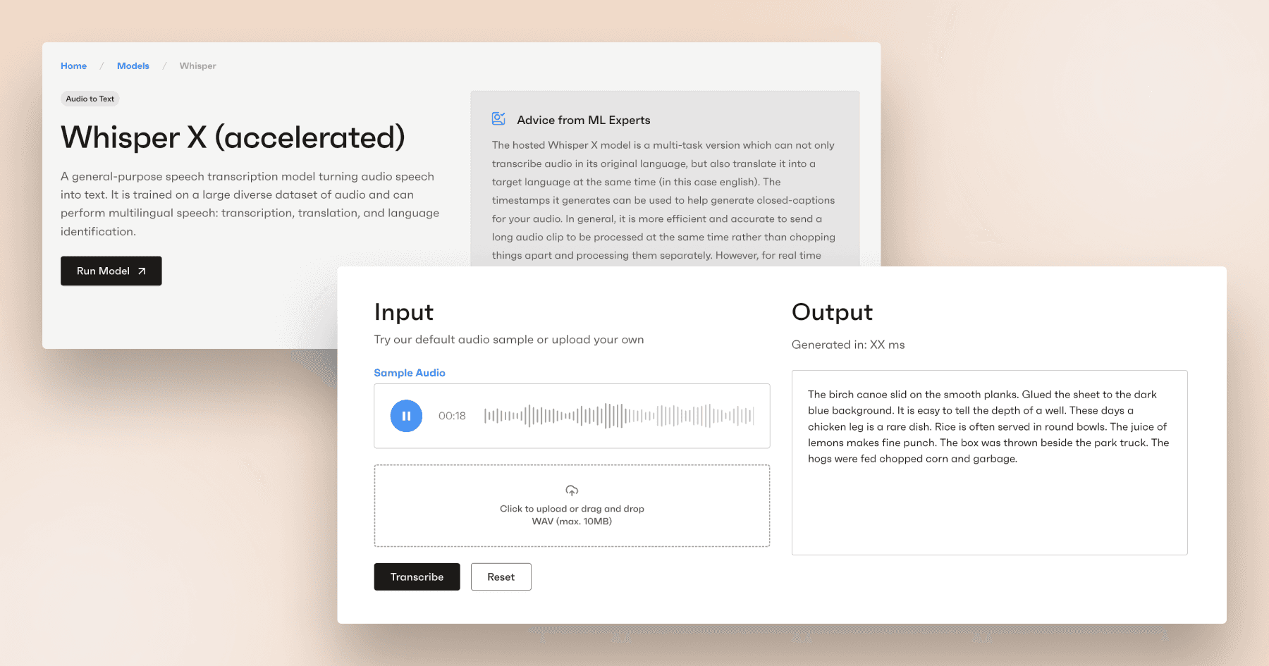 Interface displaying Whisper X model for audio transcription with input and output sections, showing audio sample and transcription.