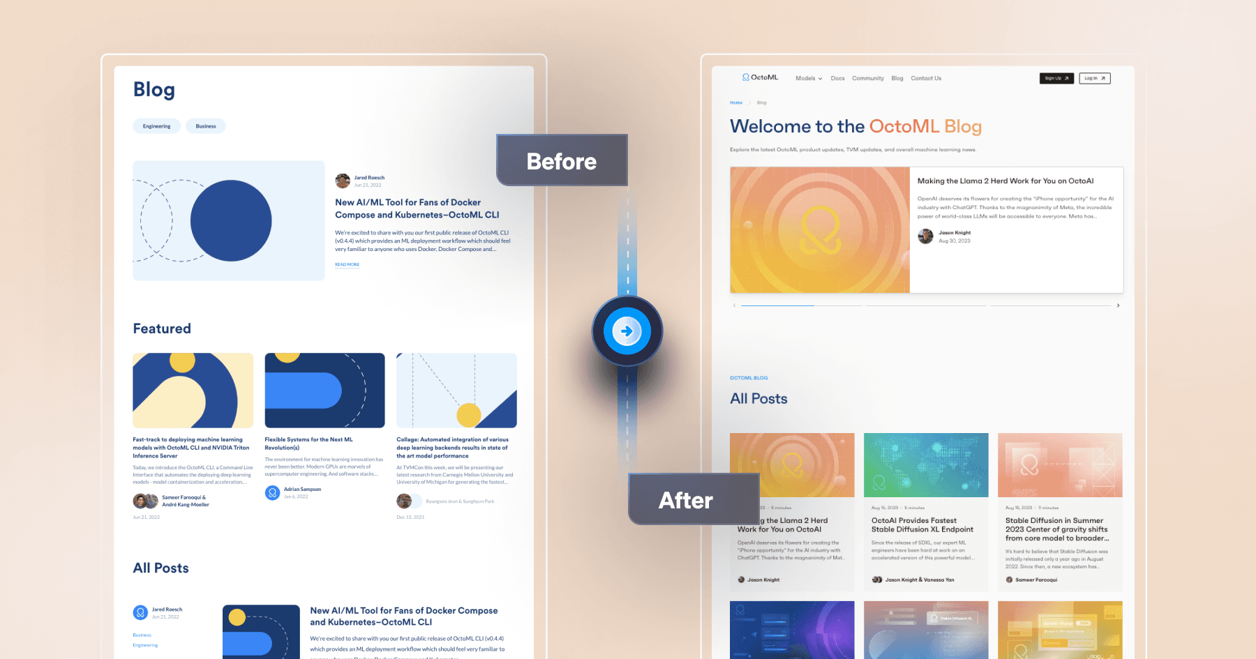 Side-by-side comparison of blog design updates, showcasing improvements in layout and aesthetics for the OctoML blog.