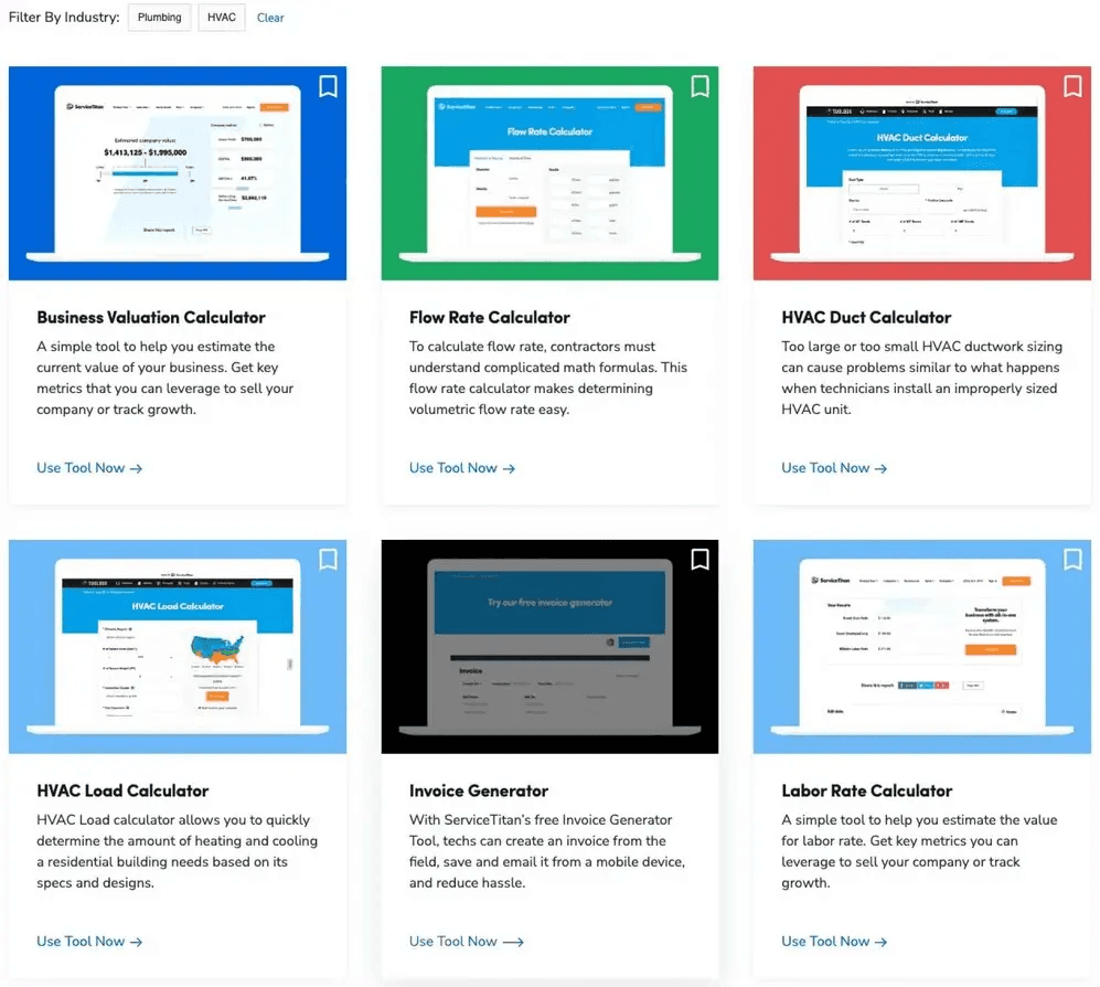 Various calculators for plumbing and HVAC businesses, including valuation, flow rate, duct sizing, and labor rates.
