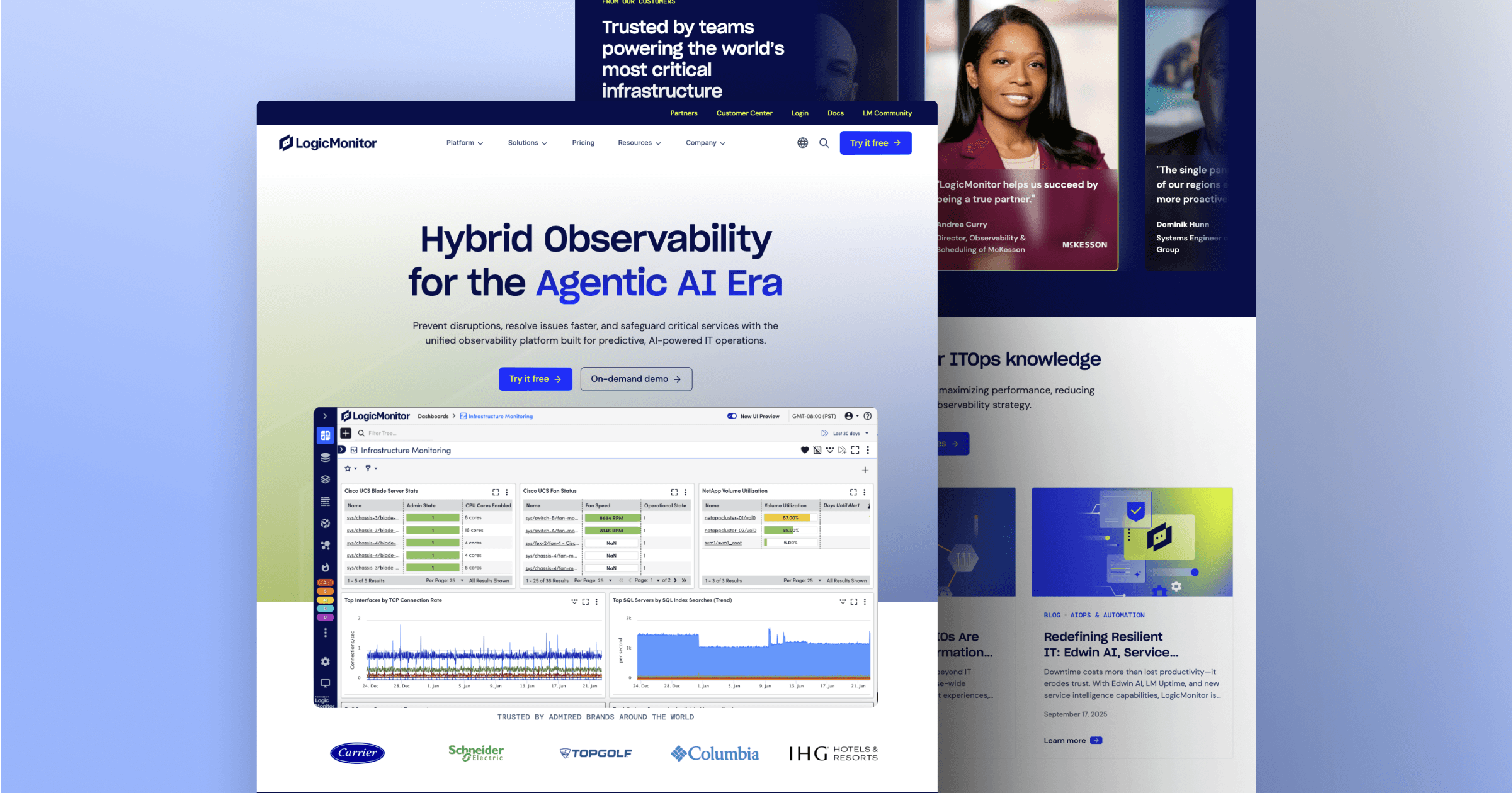 LogicMonitor website showcasing hybrid observability solutions with monitoring dashboard and testimonials.