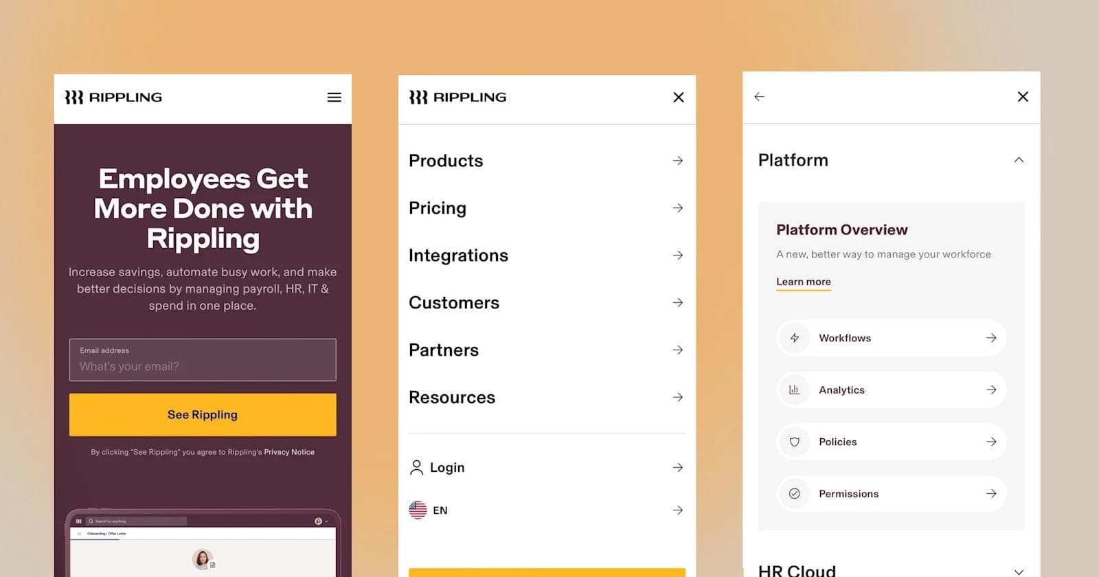 Rippling - Mobile Menu Mobile website interface for Rippling, showcasing features like payroll, HR, and IT management options.