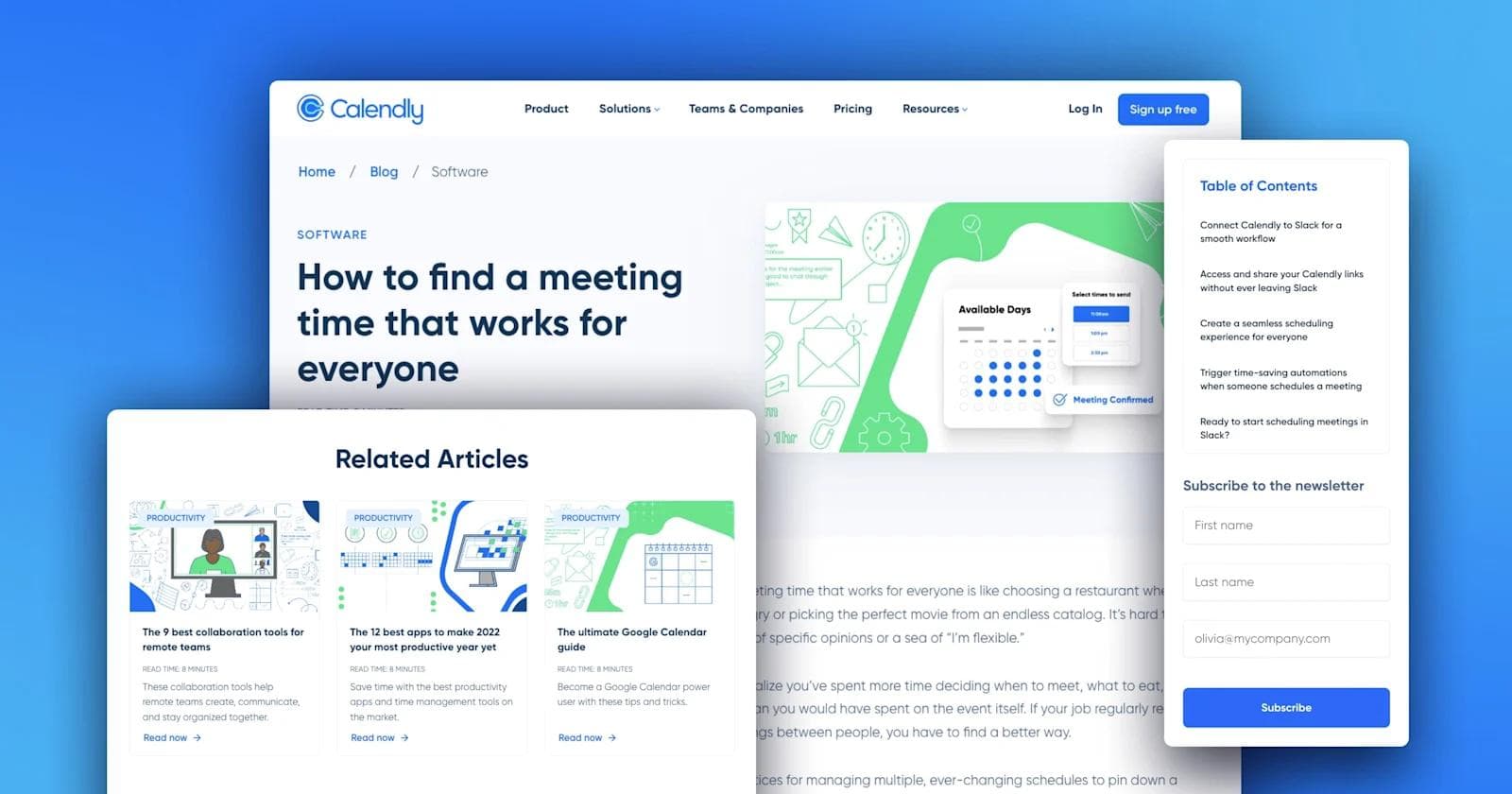 calendly-blog-details-page Screenshots of a Calendly blog details page, along with table of contents and related articles components.