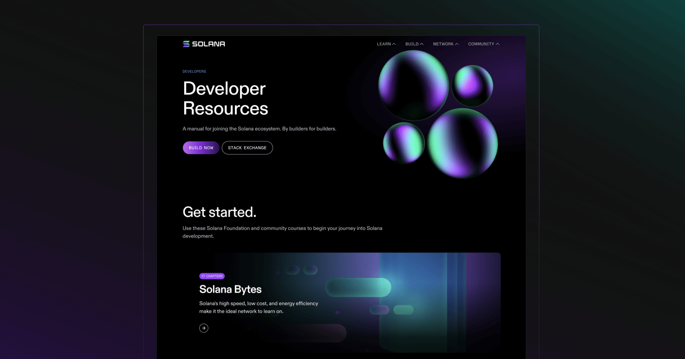 A dark-themed webpage titled "Developer Resources" for the Solana ecosystem with graphical elements.