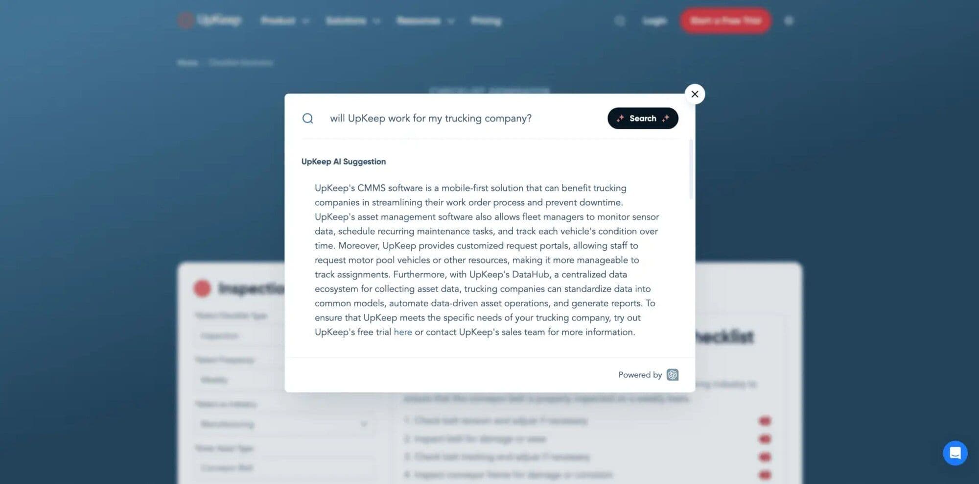Screenshot of UpKeep's software interface discussing benefits for trucking companies.
