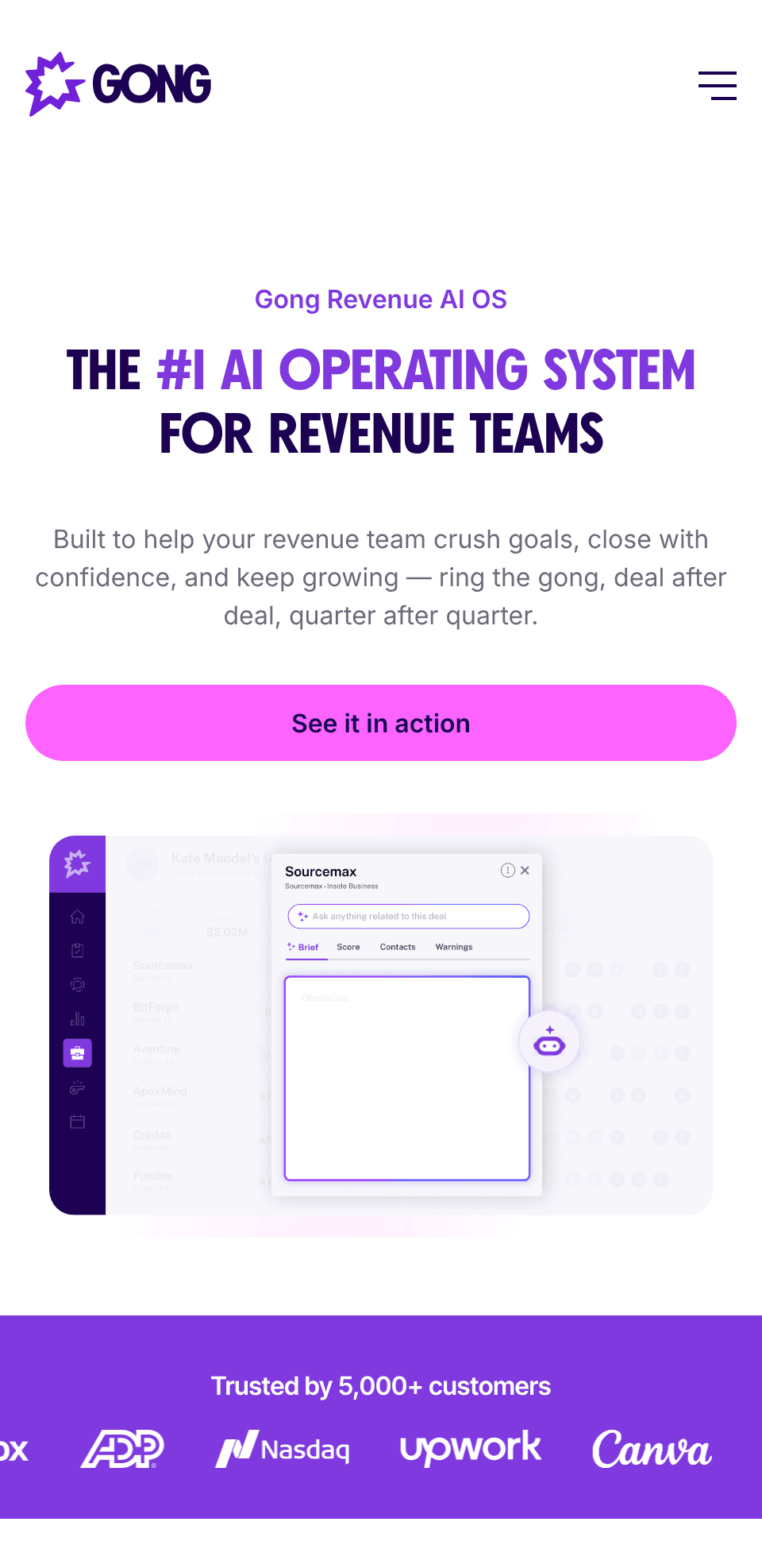 Screenshot of Gong Homepage on mobile