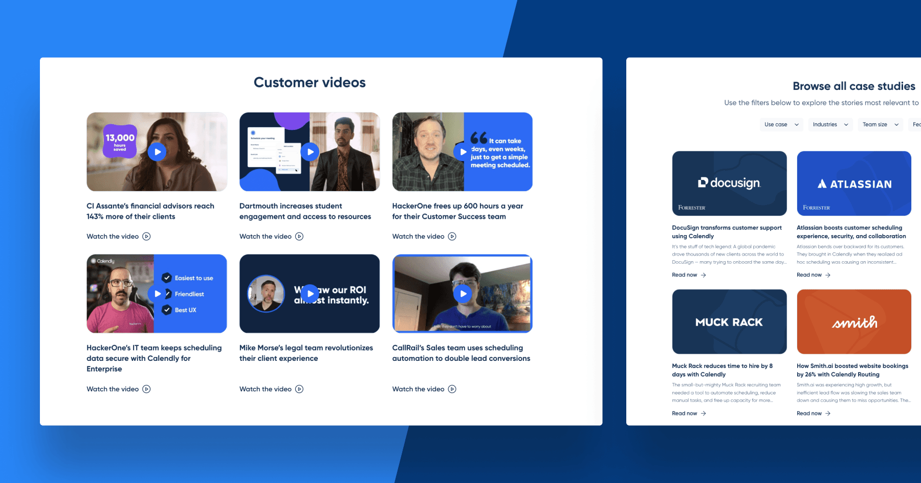 Customer video showcase featuring various success stories and case studies on scheduling and efficiency improvements.