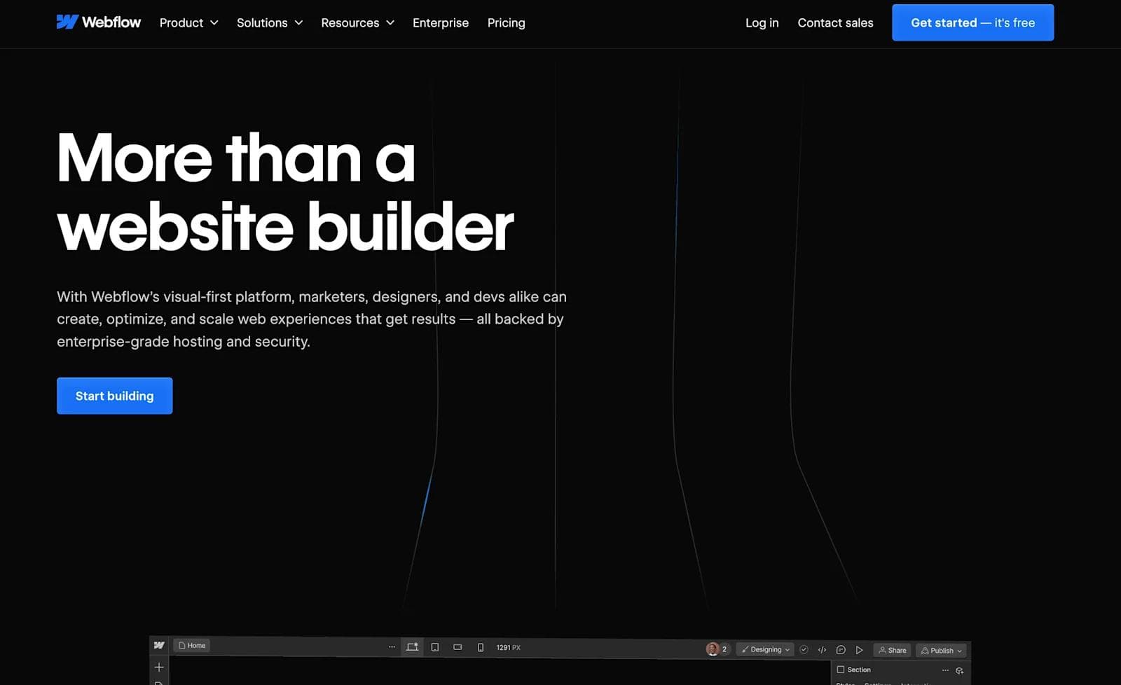 webflow website Webflow homepage displaying header text about its capabilities as a website builder with a call-to-action button.