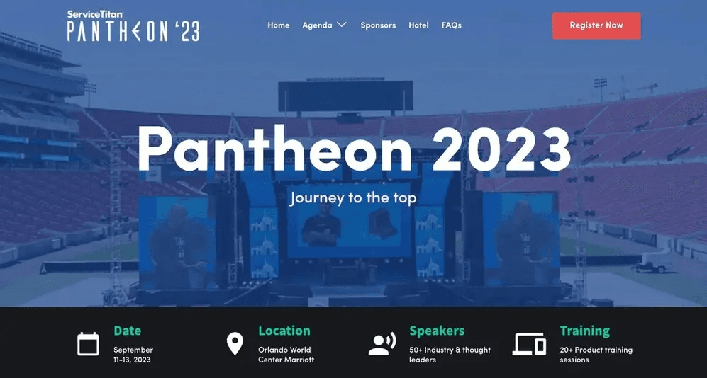 Pantheon 2023 event webpage showcasing speakers, training, and location details for September 11-13 in Orlando.