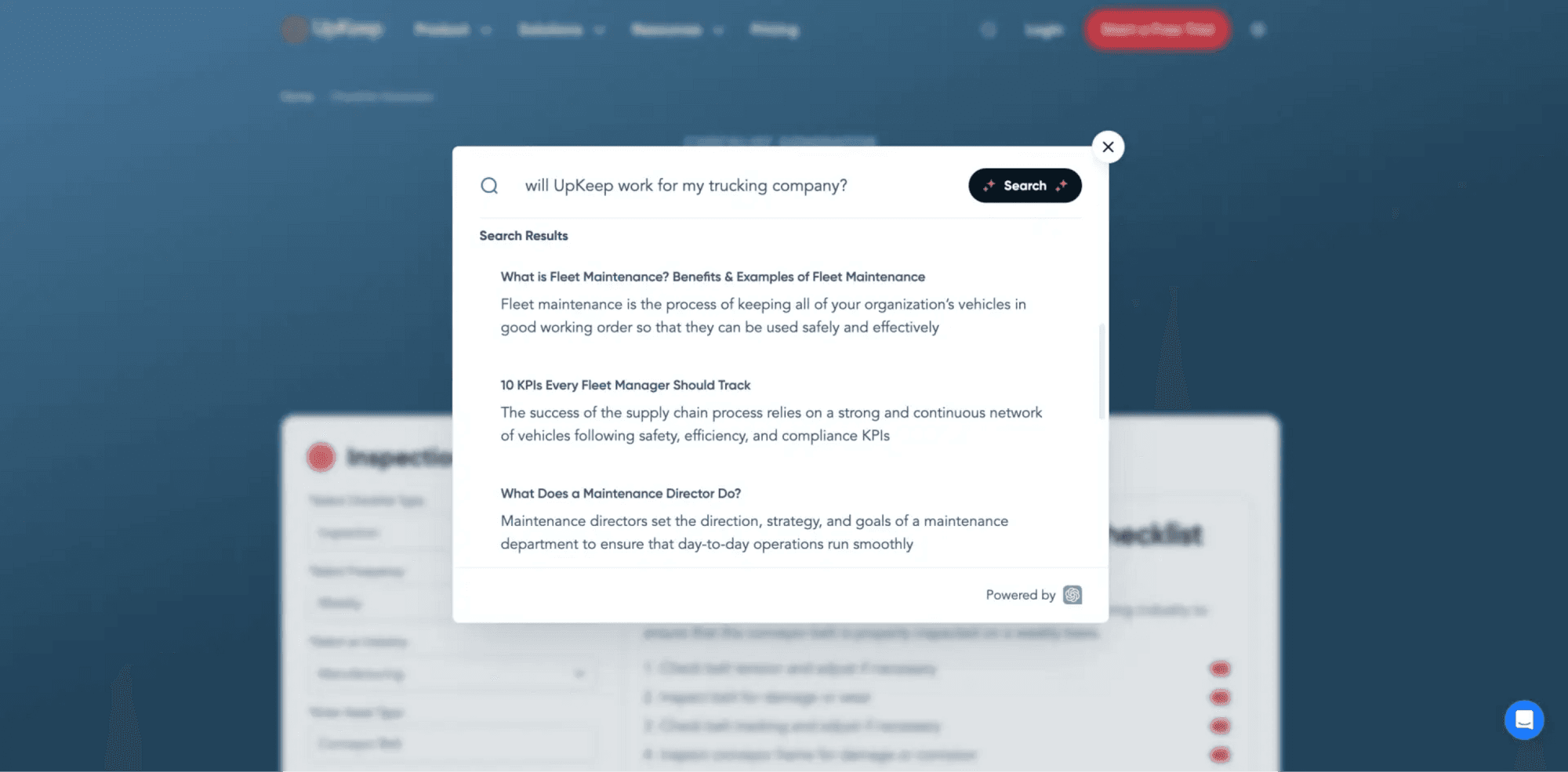 Screenshot of a search results page about fleet maintenance with various articles listed.