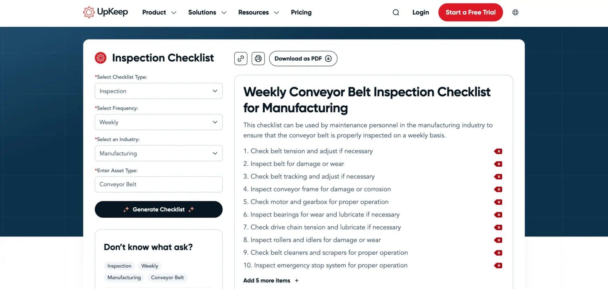 Weekly conveyor belt inspection checklist for manufacturing, detailing crucial maintenance tasks.