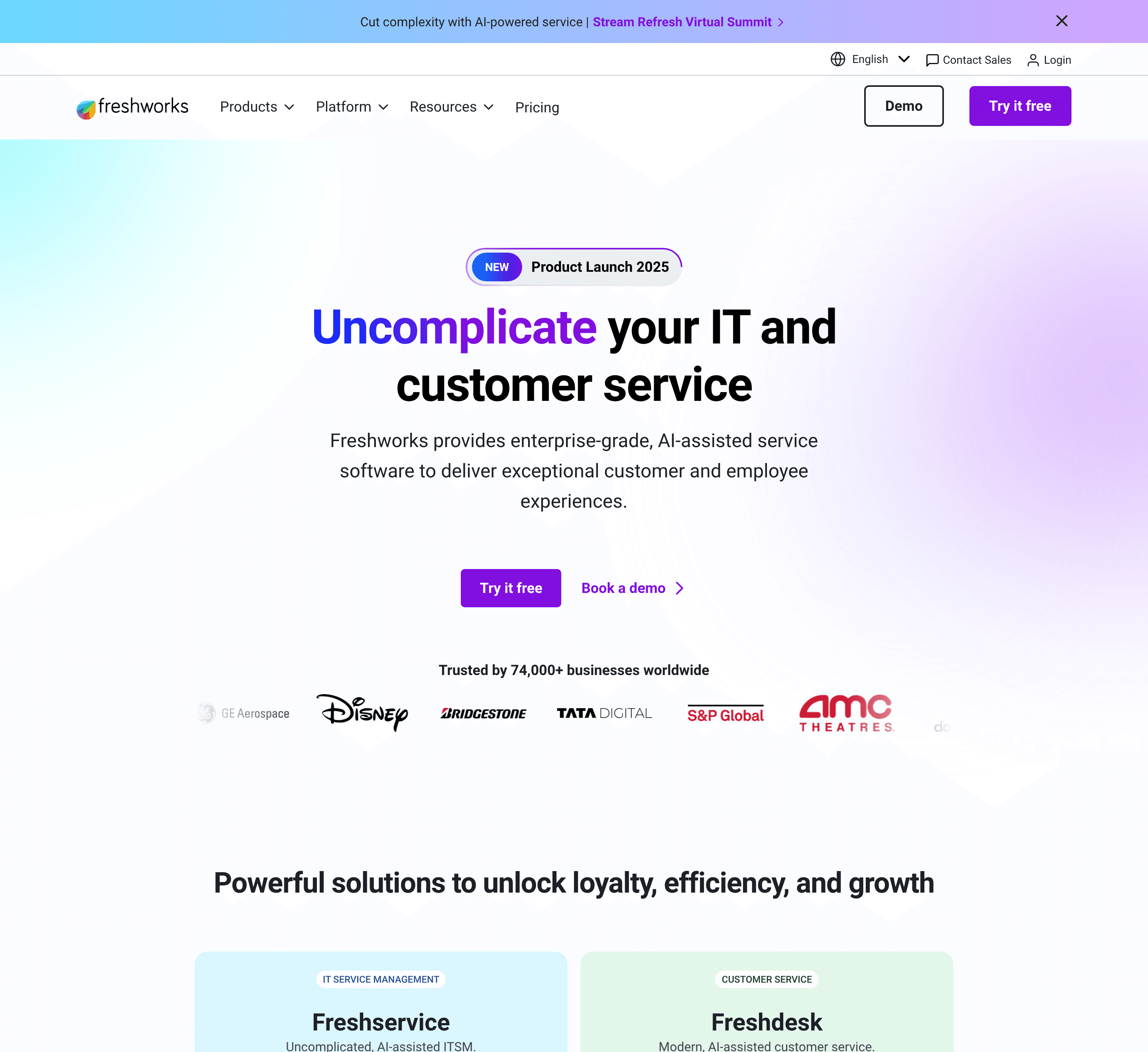 Screenshot of Freshworks Homepage on desktop