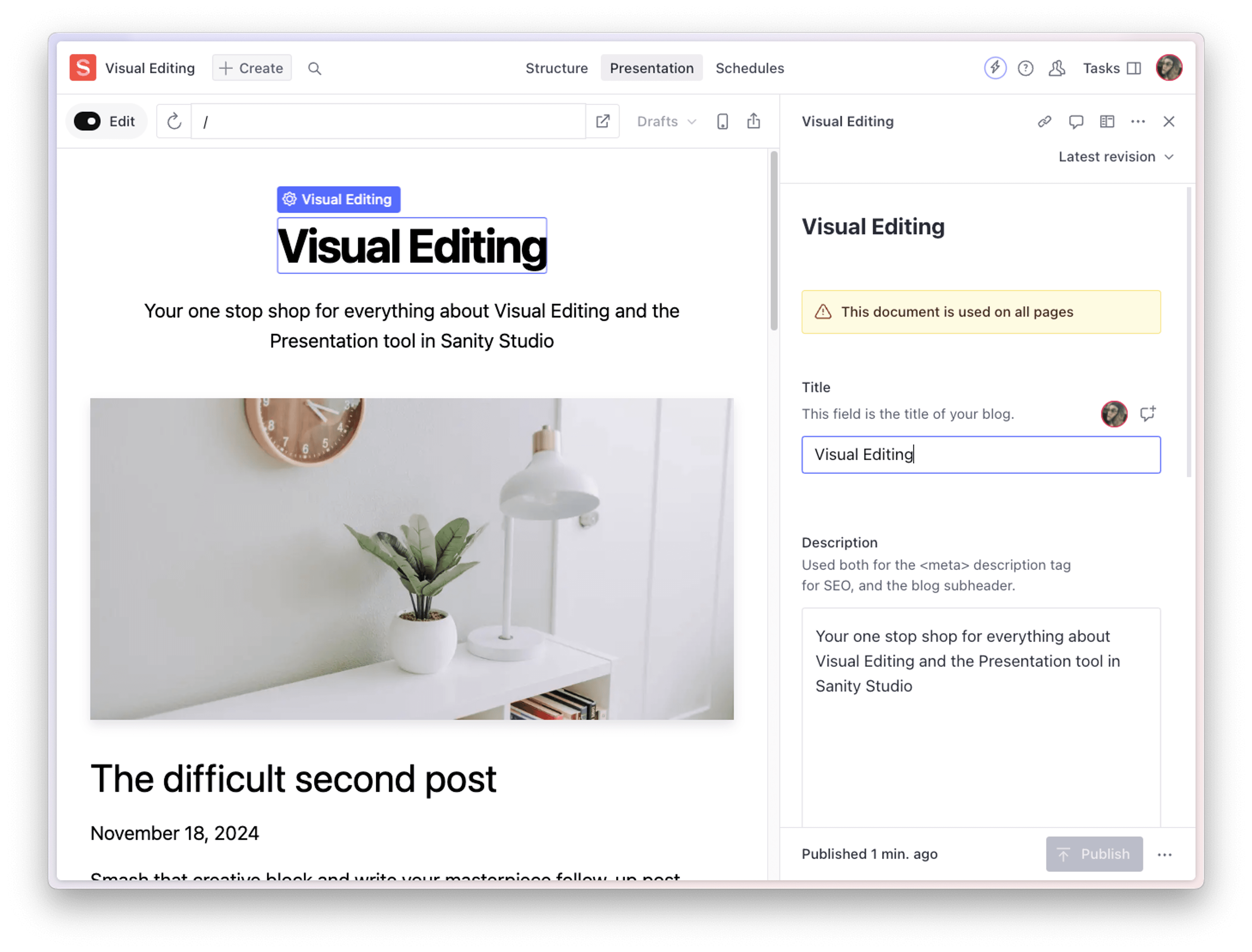 Screenshot of Sanity visual editing overlay on a live production page with inline content editing