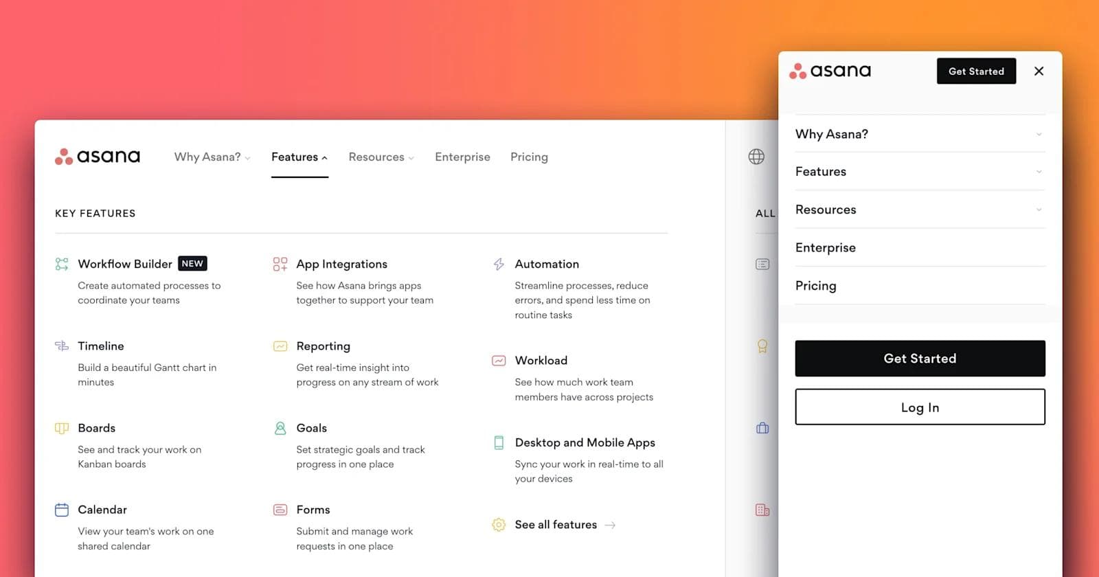 asana-website-navigation-bar The Asana navigation bar on both desktop and mobile view, with an orange gradient backdrop.