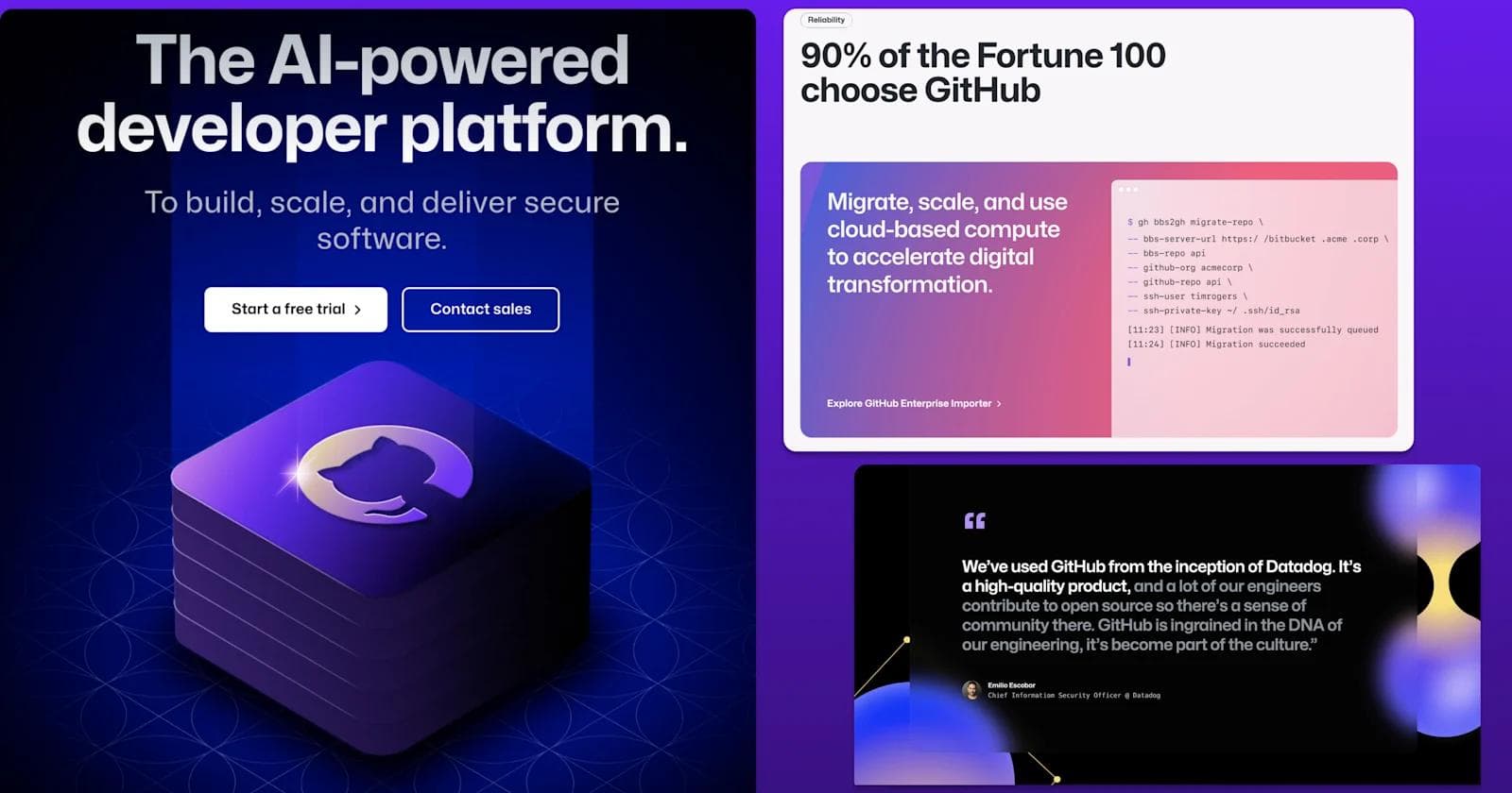 GitHub-enterprise AI-powered developer platform featuring GitHub, with messaging on migration, scaling, and testimonials from users.