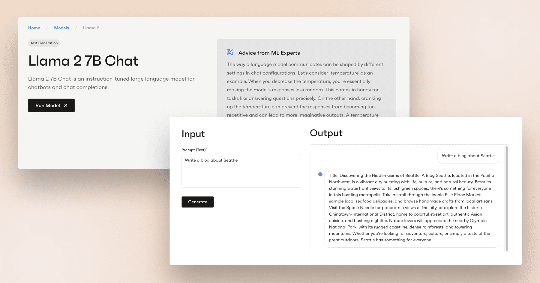 Screenshot of the Llama 2 7B Chat interface for generating text, prompting for blog content about Seattle.