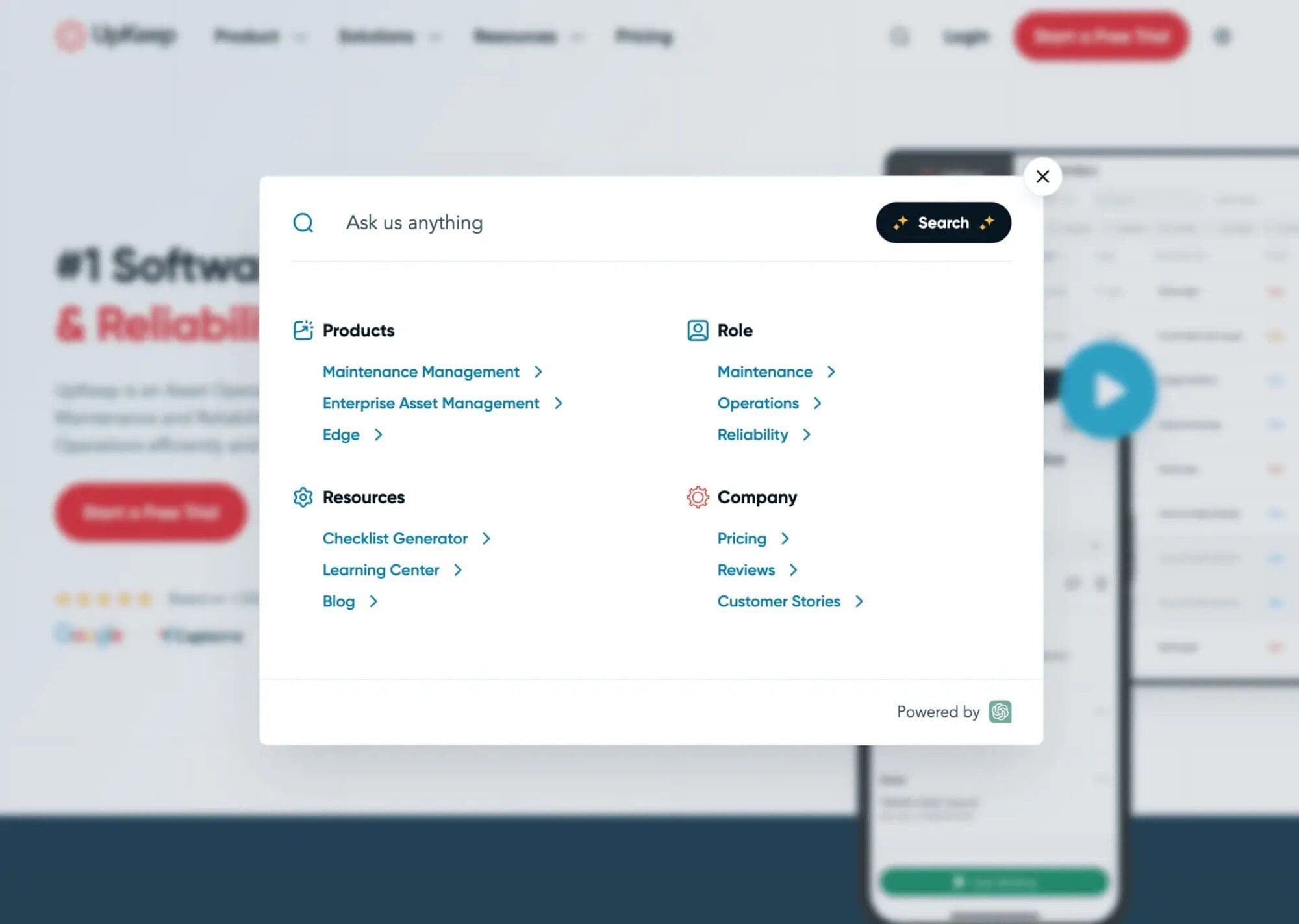 Screenshot of a website featuring navigation for products, resources, roles, and company information.