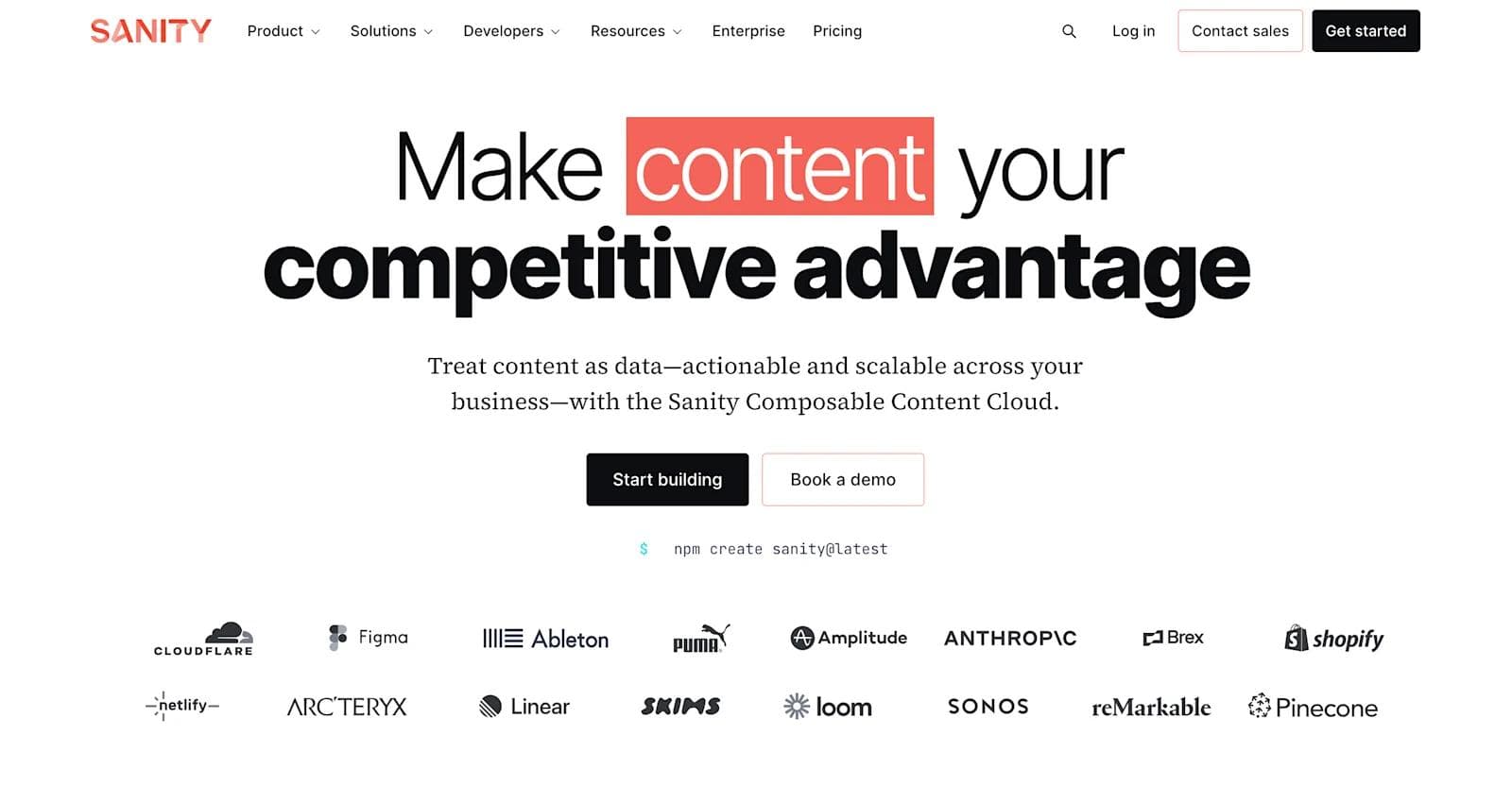 sanity website Sanity website showcasing content management solutions with a call to action and logos of partner companies.