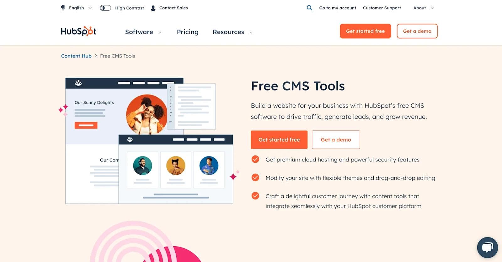 hubspot cms HubSpot webpage showcasing free CMS tools for building websites, with features to drive traffic and generate leads.